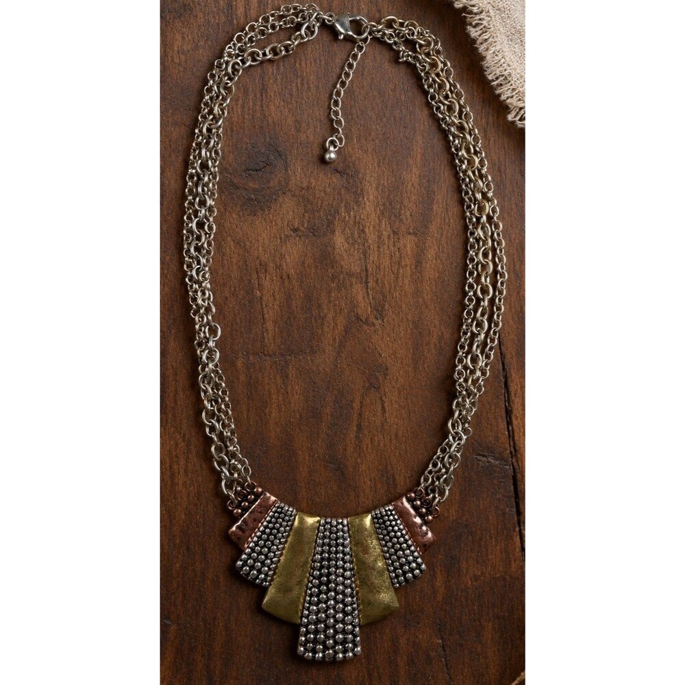 Vintage Mixed Metal Tone Geometric Bib Necklace Triple Chain Boho Statement